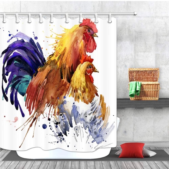 Rooster & Hen Art Shower Curtain w/12 Vintage Postcard w/Rooster Curtain Hooks - Picture 2 of 7